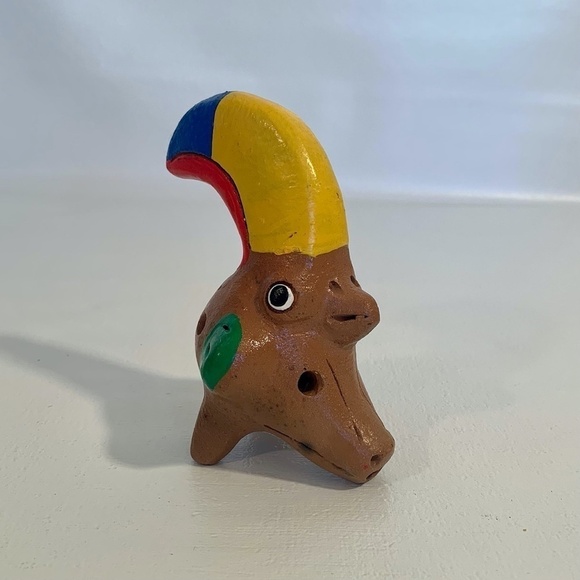 Vintage Ocarina Folk Art Clay Toucan Whistle 3 Head Flute Shape Shift Animal 5” - Picture 13 of 14